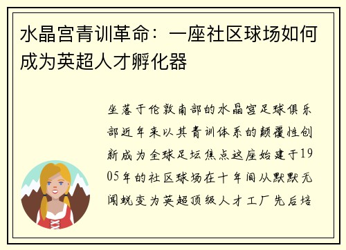 水晶宫青训革命：一座社区球场如何成为英超人才孵化器